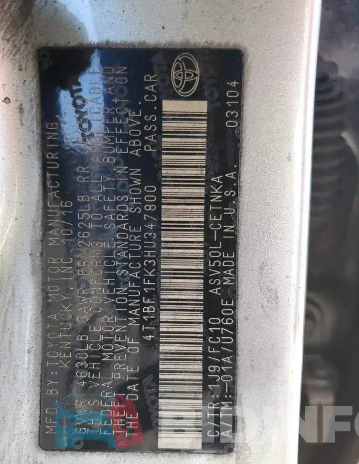 4T1BF1FK3HU347800 Photo# 12
