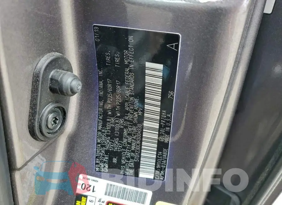 5TDYZ3DCXKS004930 Photo# 13