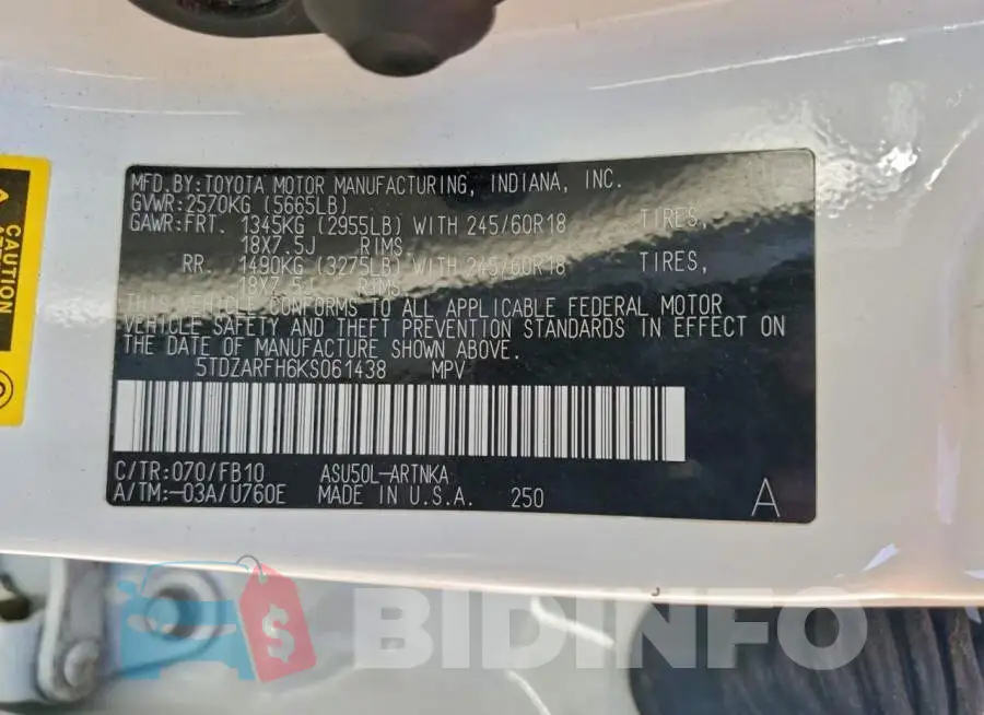 5TDZARFH6KS061438 Photo# 14