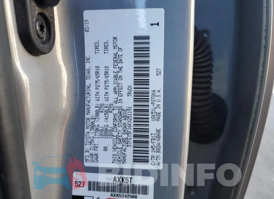 5TFEY5F16KX251191 Photo# 12