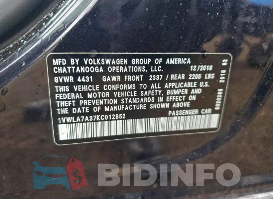 1VWLA7A37KC012852 Photo# 12