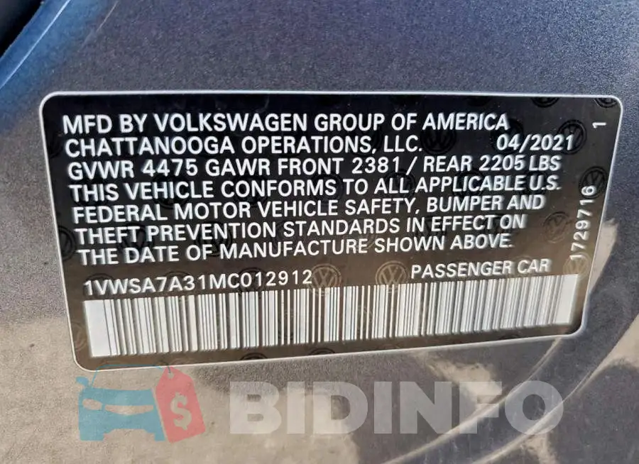 1VWSA7A31MC012912 Photo# 12