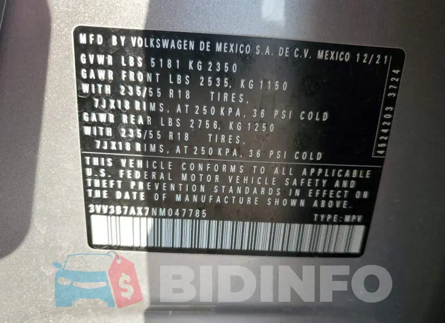 3VV3B7AX7NM047785 Photo# 13