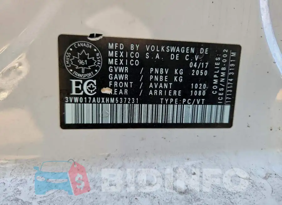3VW017AUXHM537231 Photo# 13