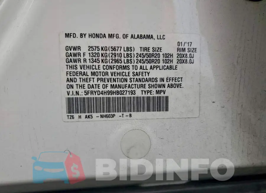 5FRYD4H99HB027193 Photo# 12