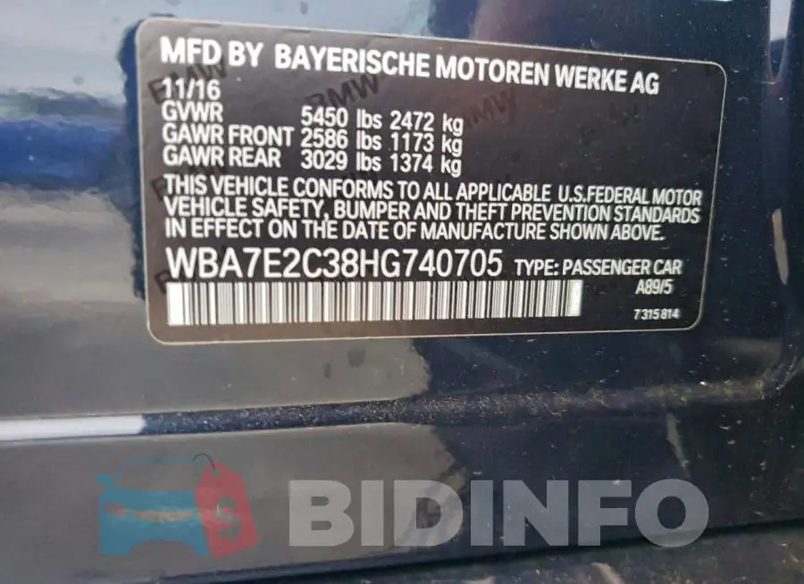 WBA7E2C38HG740705 Photo# 13