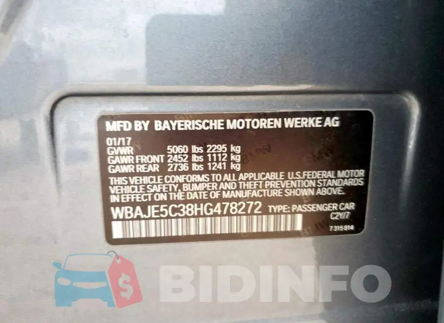 WBAJE5C38HG478272 Photo# 12