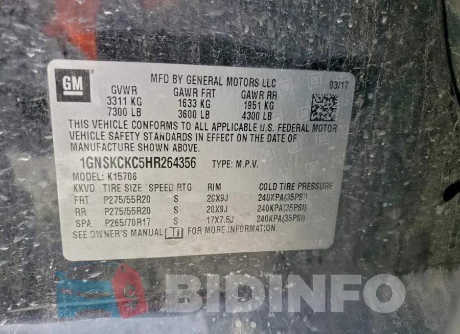 1GNSKCKC5HR264356 Photo# 13