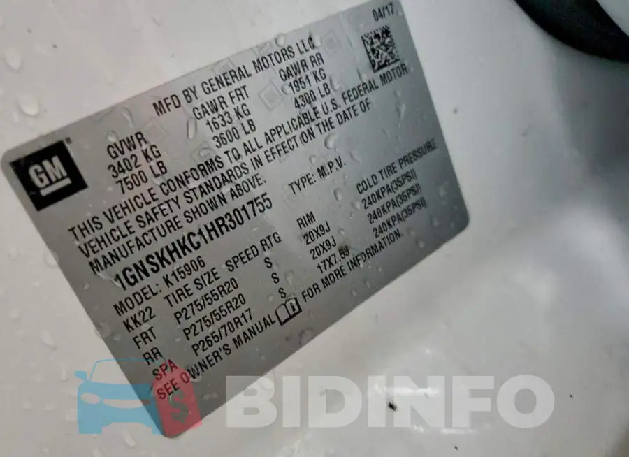 1GNSKHKC1HR301755 Photo# 13