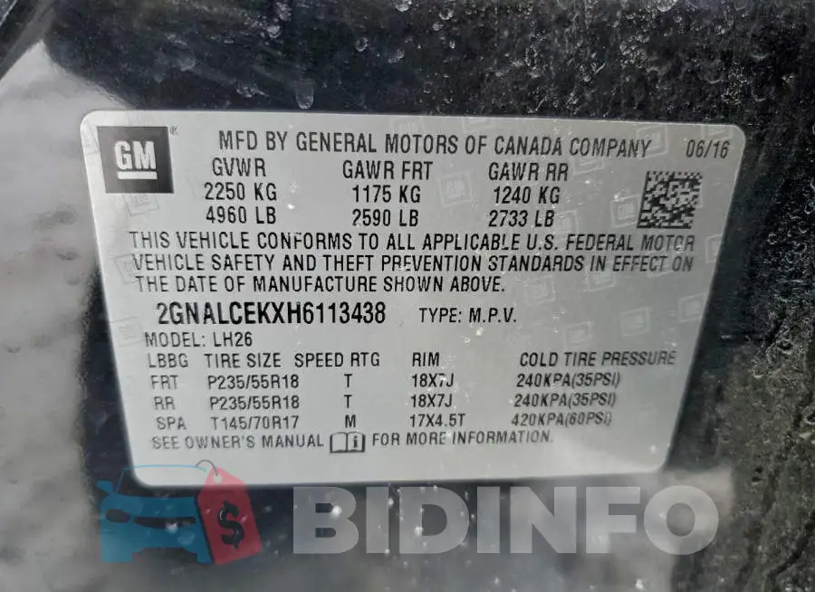 2GNALCEKXH6113438 Photo# 13