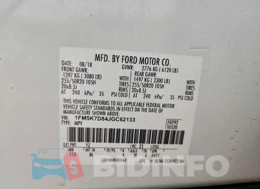 1FM5K7D84JGC62133 Photo# 13