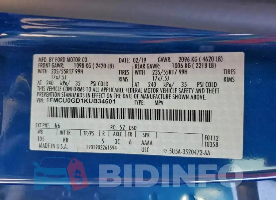 1FMCU0GD1KUB34601 Photo# 12