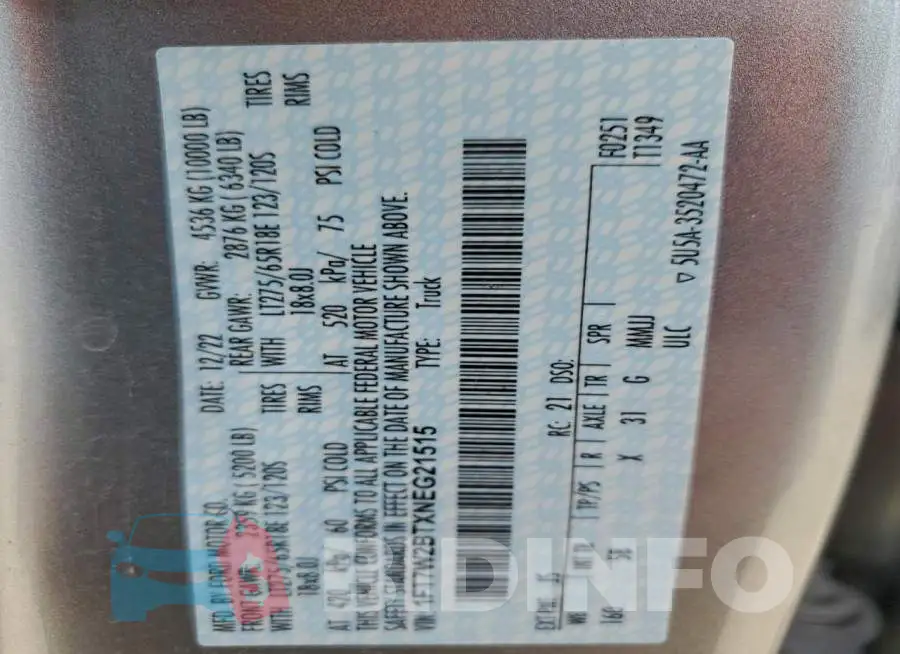 1FT7W2BTXNEG21515 Photo# 13