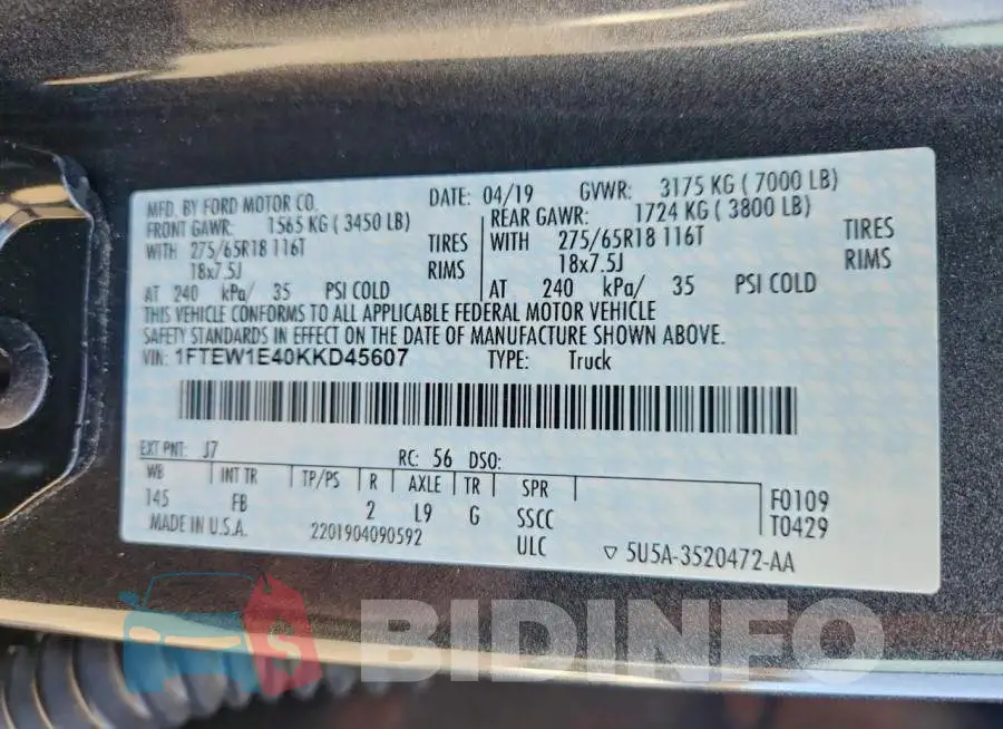 1FTEW1E40KKD45607 Photo# 13