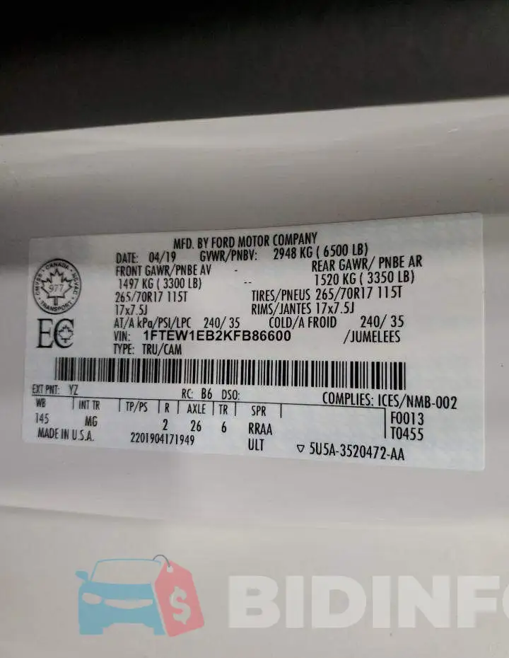 1FTEW1EB2KFB86600 Photo# 13