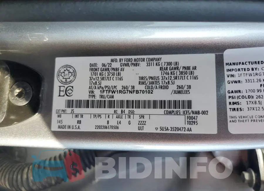 1FTFW1RG7NFB70102 Photo# 12