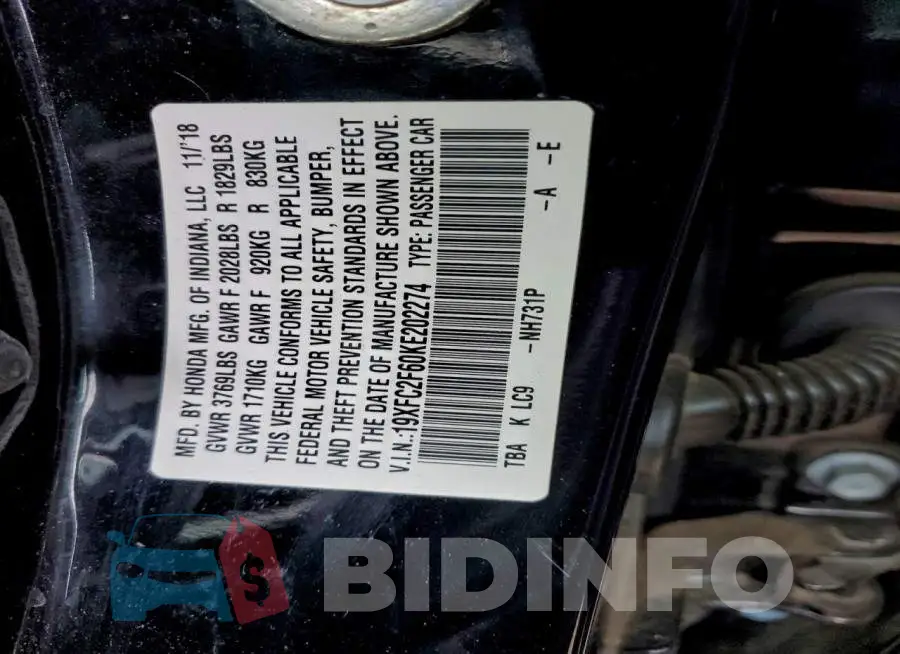 19XFC2F60KE202274 Photo# 12