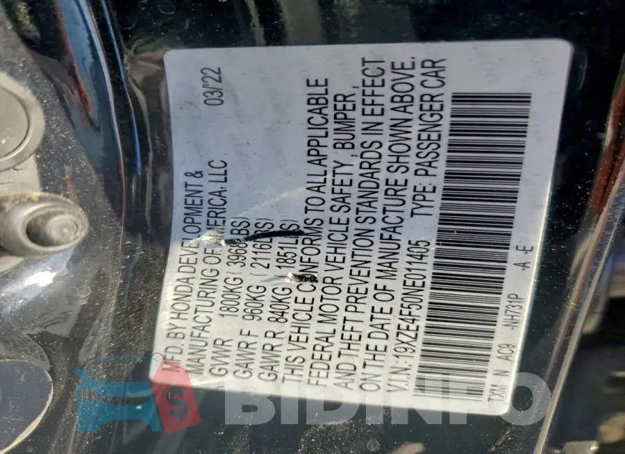 19XZE4F50NE011405 Photo# 12