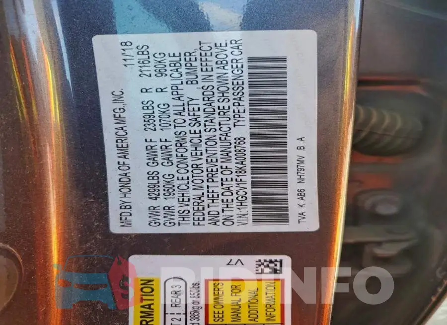 1HGCV1F18KA008768 Photo# 12