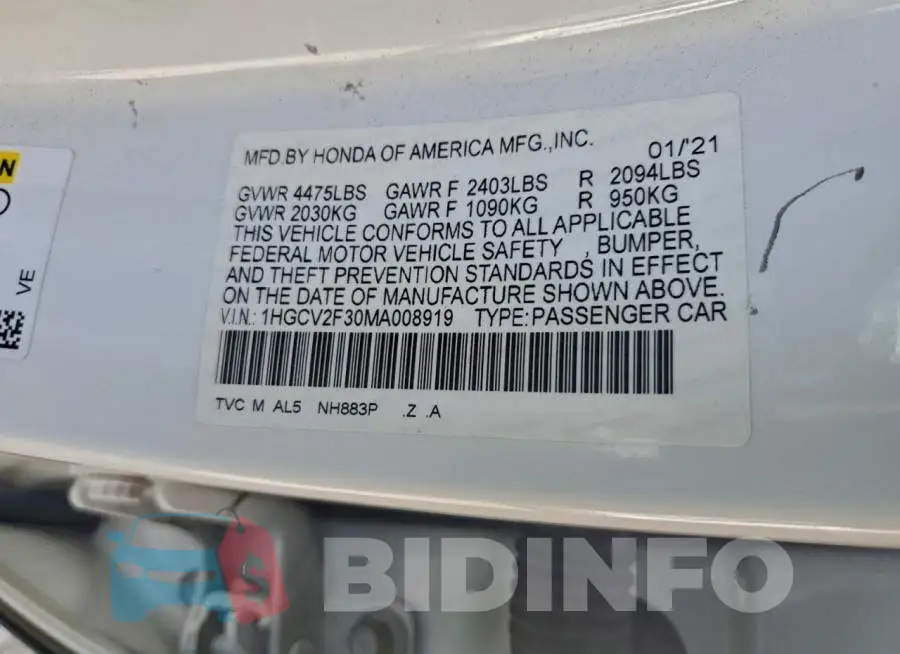 1HGCV2F30MA008919 Photo# 12