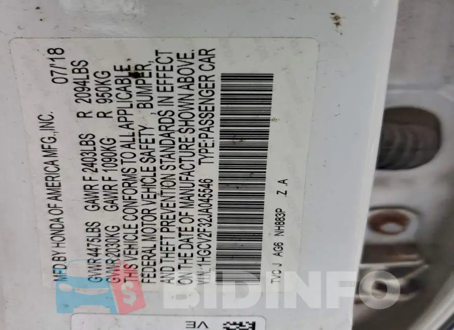1HGCV2F32JA045546 Photo# 12