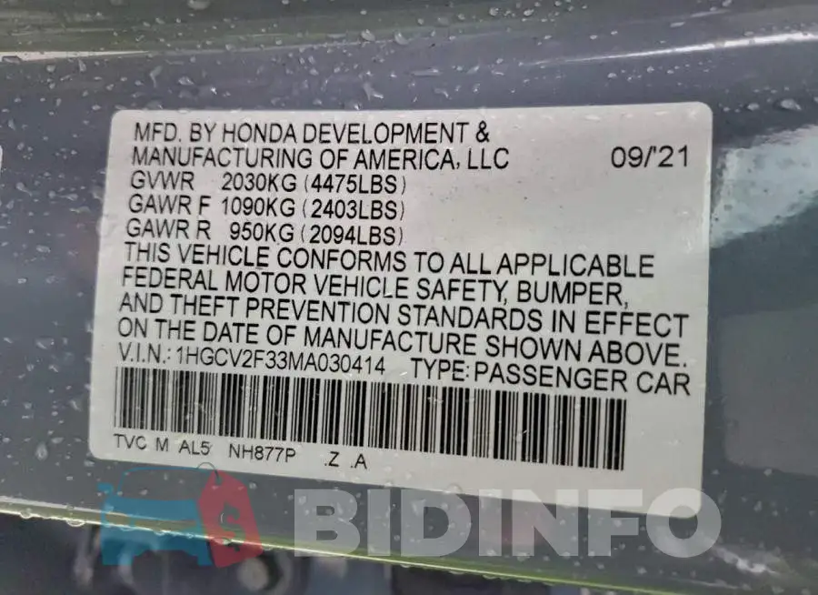 1HGCV2F33MA030414 Photo# 12