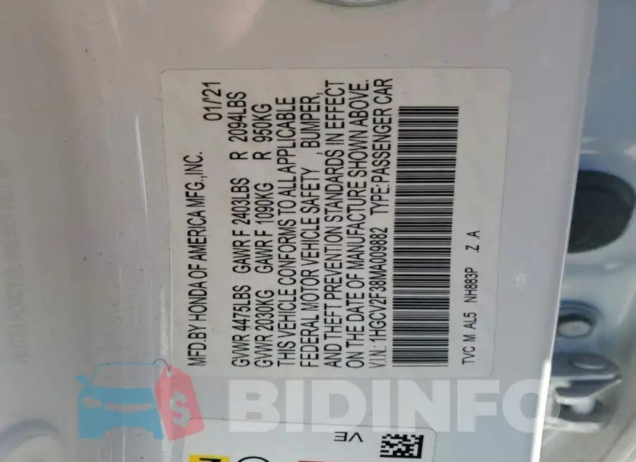 1HGCV2F38MA009882 Photo# 12