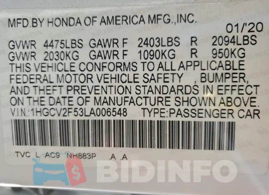 1HGCV2F53LA006548 Photo# 13