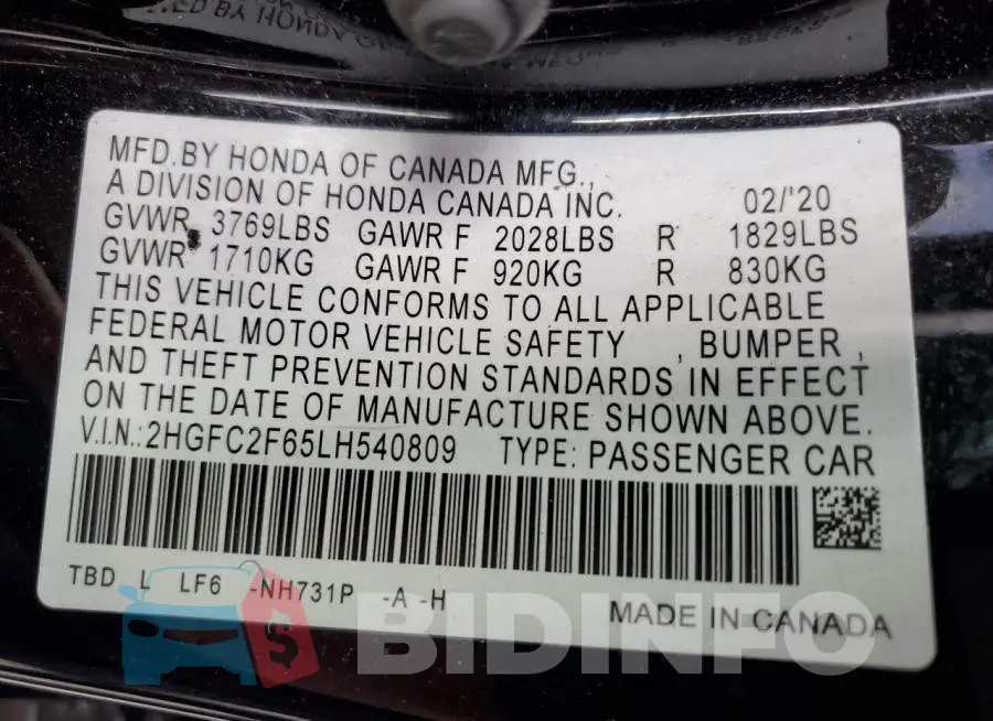 2HGFC2F65LH540809 Photo# 12