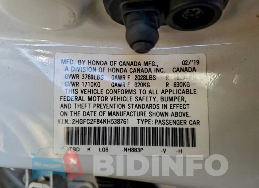 2HGFC2F84KH538761 Photo# 12