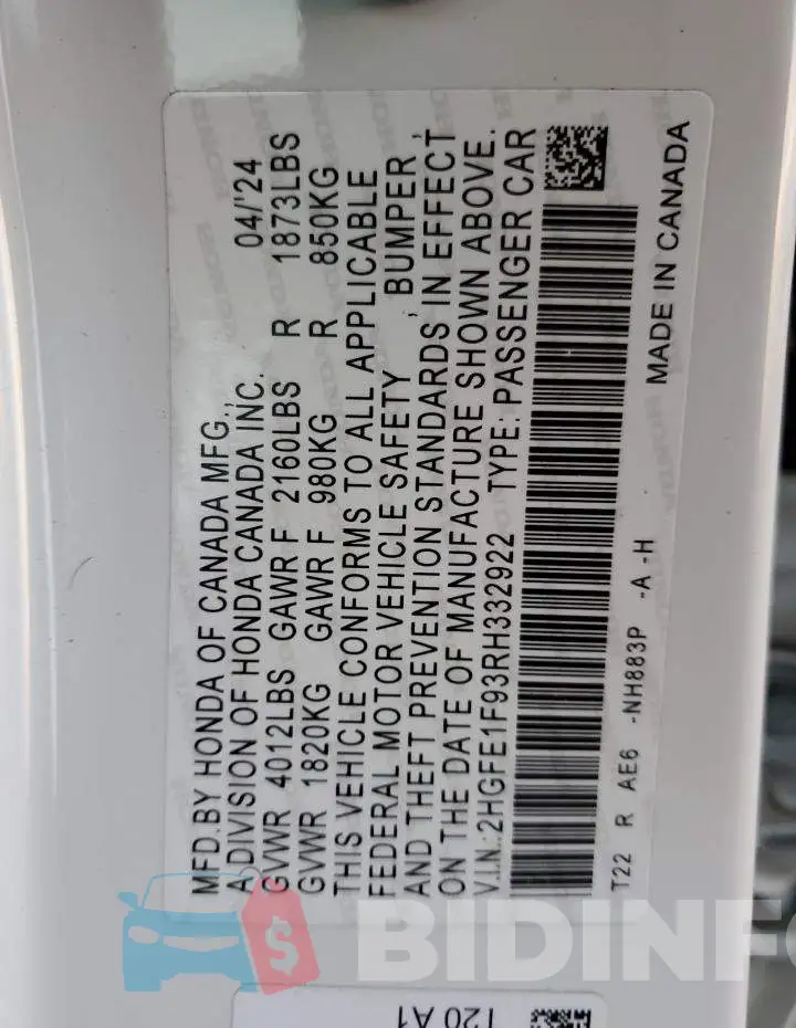 2HGFE1F93RH332922 Photo# 12
