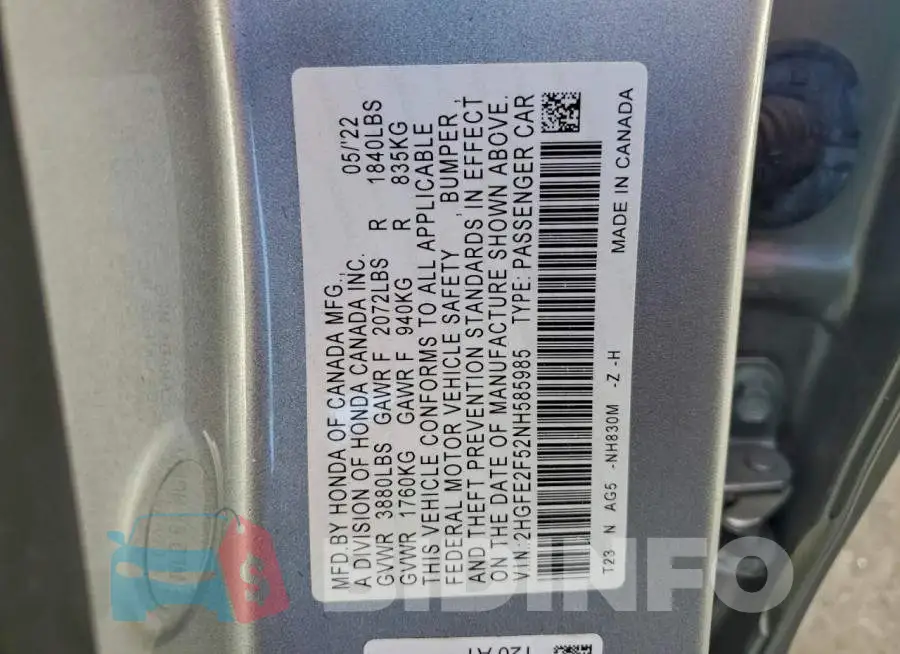 2HGFE2F52NH585985 Photo# 12