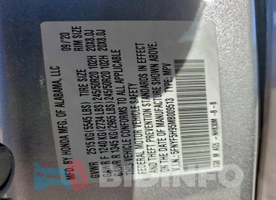 5FNYF5H95MB009513 Photo# 13