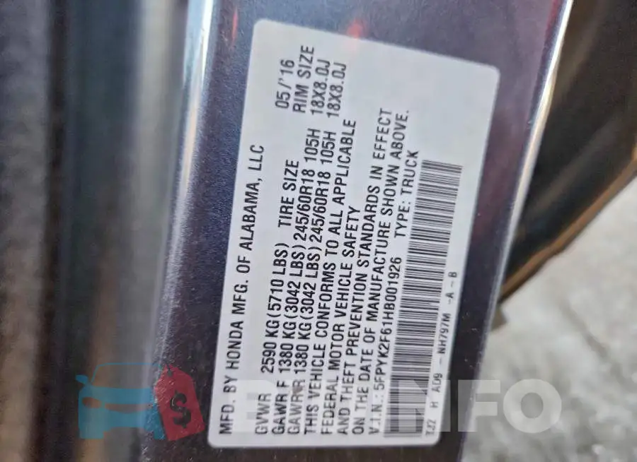 5FPYK2F61HB001926 Photo# 12