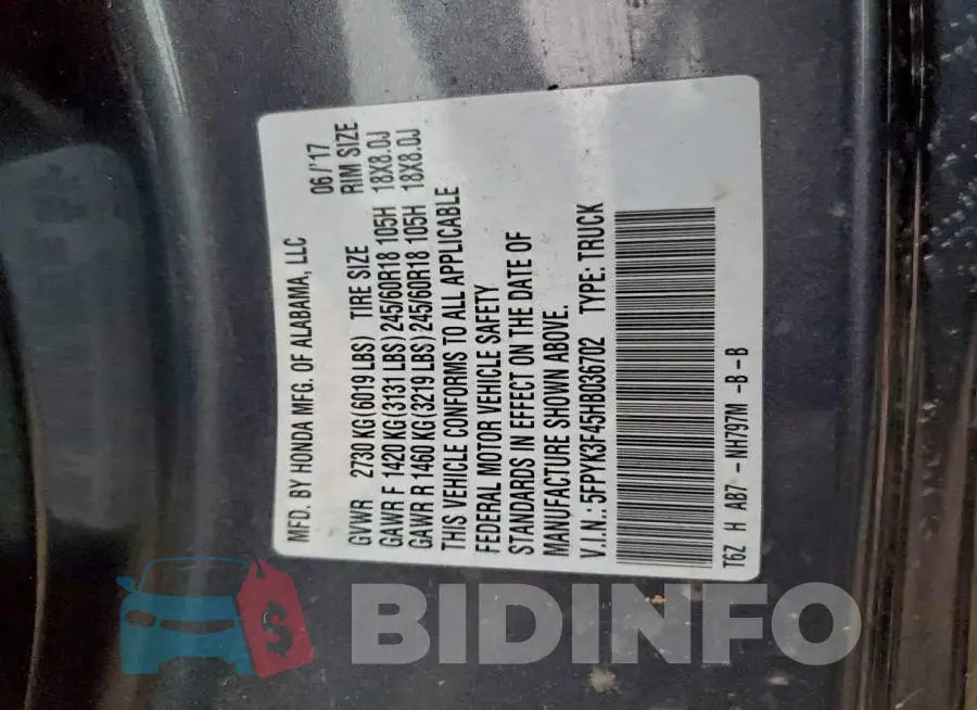 5FPYK3F45HB036702 Photo# 12