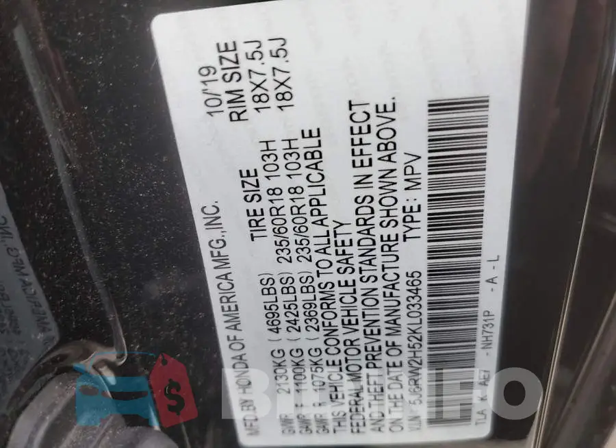 5J6RW2H52KL033465 Photo# 12