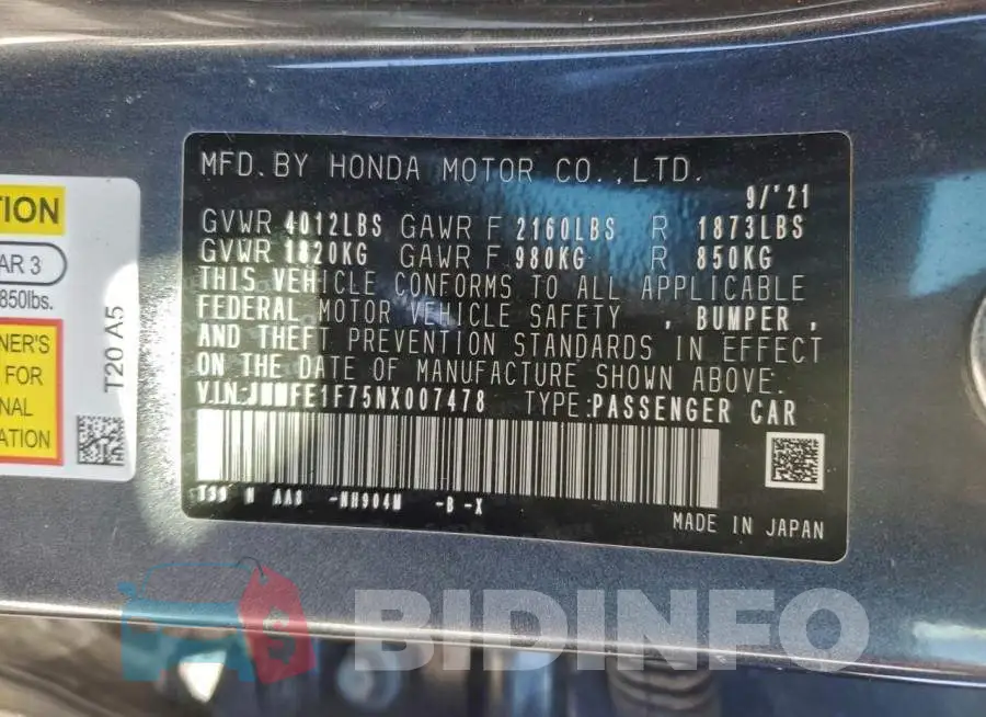 JHMFE1F75NX007478 Photo# 12