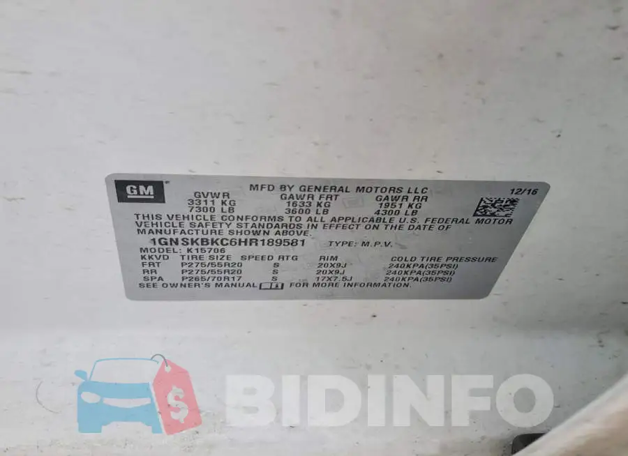 1GNSKBKC6HR189581 Photo# 13