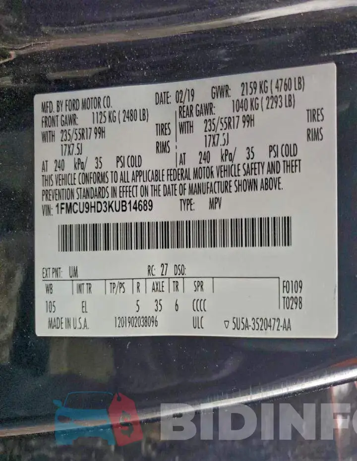 1FMCU9HD3KUB14689 Photo# 13
