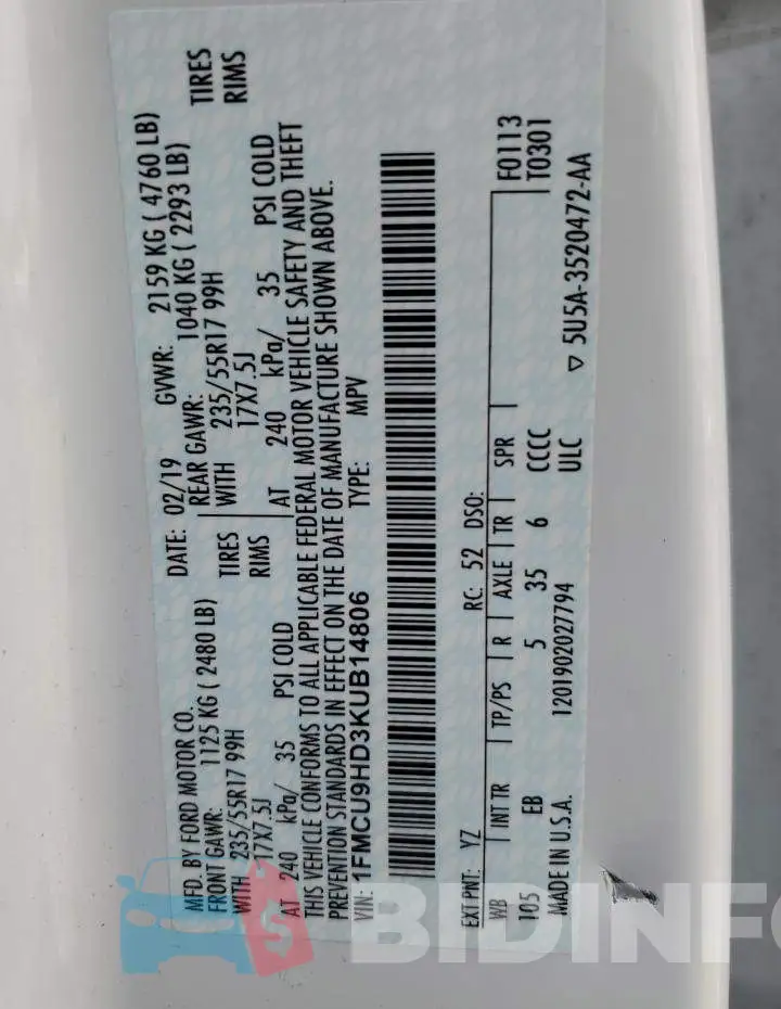 1FMCU9HD3KUB14806 Photo# 13
