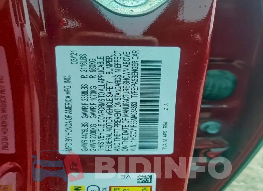1HGCV1F36MA054653 Photo# 12