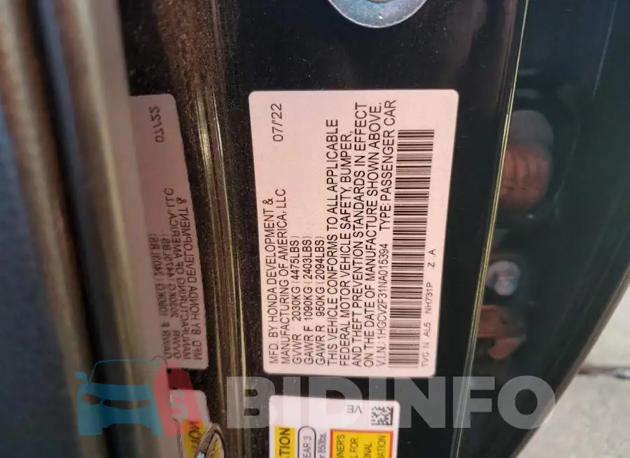 1HGCV2F31NA015394 Photo# 12