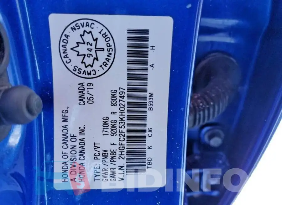 2HGFC2F53KH027497 Photo# 13