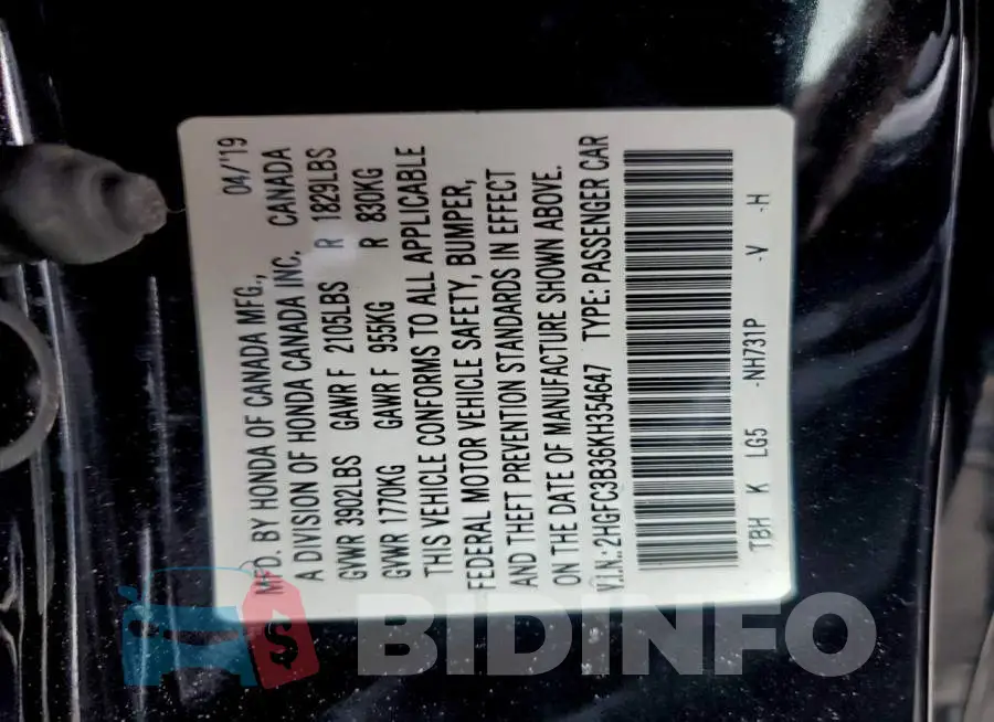 2HGFC3B36KH354647 Photo# 12
