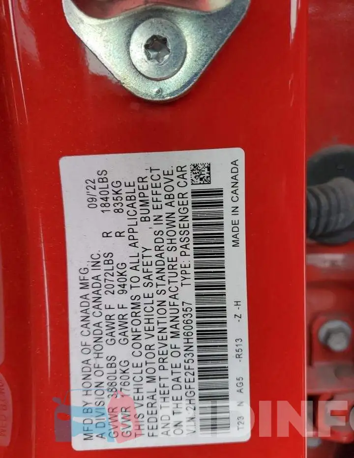 2HGFE2F53NH606357 Photo# 13