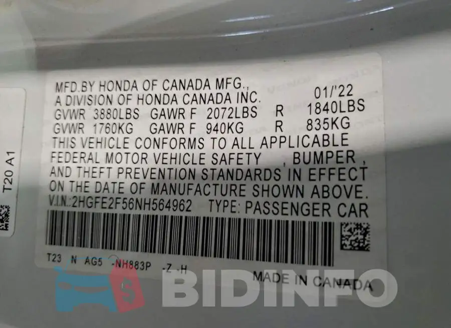 2HGFE2F56NH564962 Photo# 12