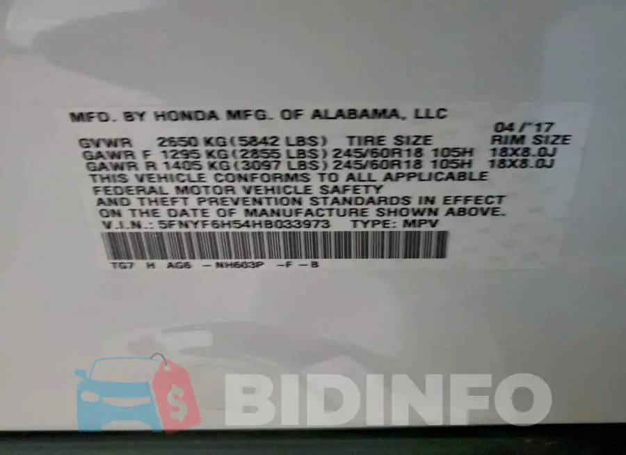 5FNYF6H54HB033973 Photo# 13