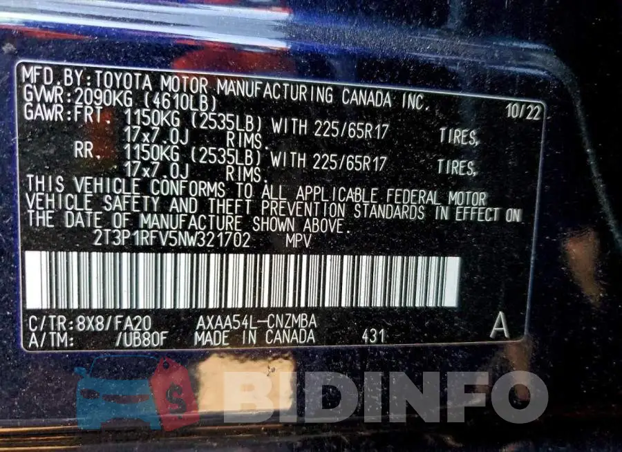 2T3P1RFV5NW321702 Photo# 12