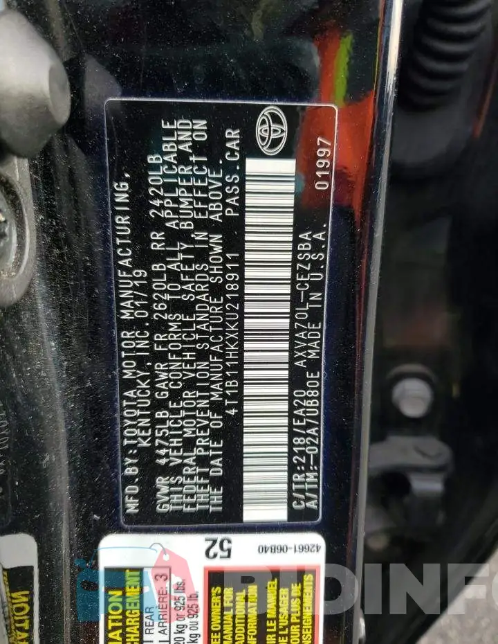4T1B11HKXKU218911 Photo# 12