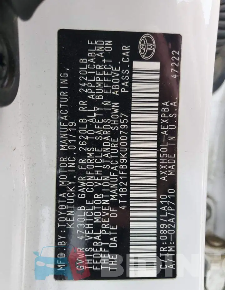 4T1B21FB9KU007957 Photo# 12